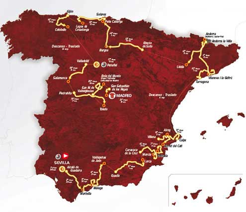 Mapa de la Vuelta Ciclista a España 2010 La Vuelta Ciclista a España comenzará en Sevilla con una contrarreloj por equipos